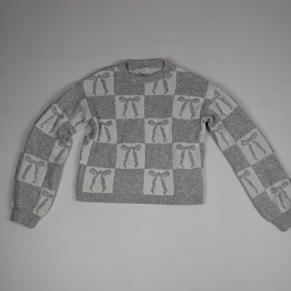 A New Day Womens XS Gray White Checkerboard Bow Sweater Crewneck Knit Pullover